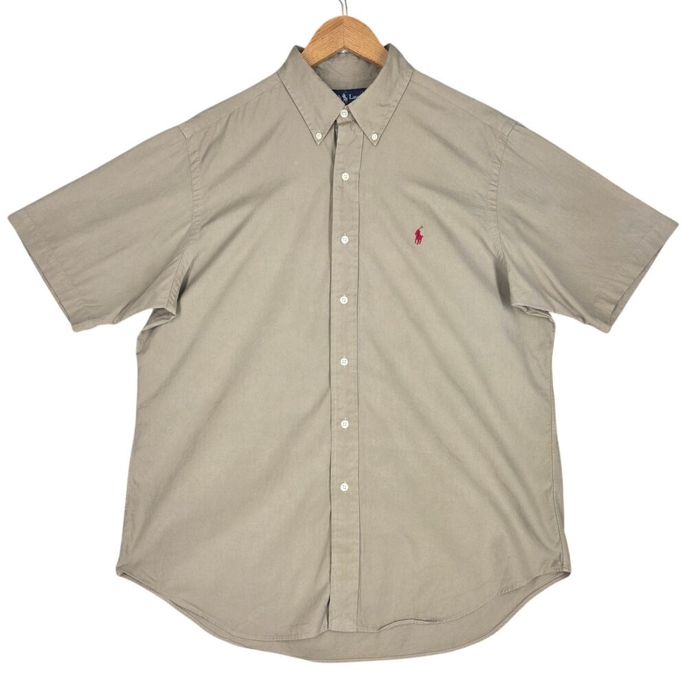 RALPH LAUREN MEN’S CLASSIC FIT SHORT‑SLEEVE SHIRT – SIZE L – KHAKI 100% COTTON